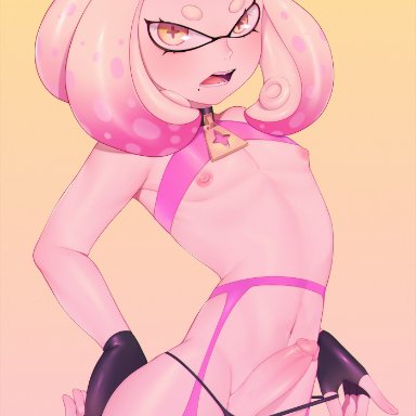 splatoon, splatoon 2, inkling, pearl (splatoon), gomi-cake, gomicake, 1boy, balls in panties, crossdressing, erection, femboy, feminine male, fingerless gloves, gloves, penis