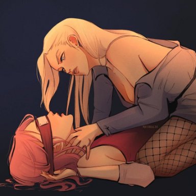 naruto, naruto: the last, naruto (series), ino yamanaka, sakura haruno, 2girls, blindfold, blonde female, blonde hair, female, female only, fishnets, long hair, mayskalih, on back