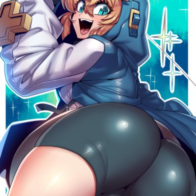 guilty gear, guilty gear strive, bridget, tukiwani, 1boy, ass, back view, backsack, balls, big ass, bike shorts, blonde hair, blue eyes, blush, bulge