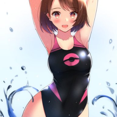 nintendo, pokemon, pokemon ss, gloria (pokemon), arms above head, black swimsuit, breasts, brown eyes, brown hair, competition swimsuit, female, medium breasts, one-piece swimsuit, open mouth, poke ball symbol