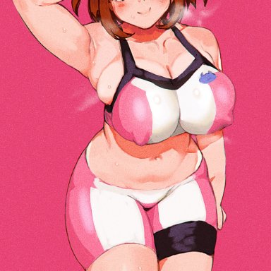 gundam, gundam build fighters, gundam build fighters try, my hero academia, hoshino fumina, ochako uraraka, keigi (artist), 1girls, big breasts, breasts, brown eyes, brown hair, clothing, cosplay, female