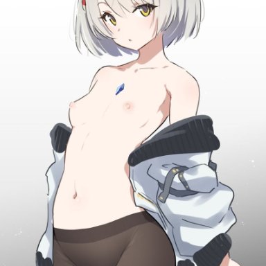 xenoblade (series), xenoblade chronicles (series), xenoblade chronicles 3, mio (xenoblade), animal ears, breasts, cat ears, female, grey hair, jacket, nipples, short hair, small breasts, solo, solo female