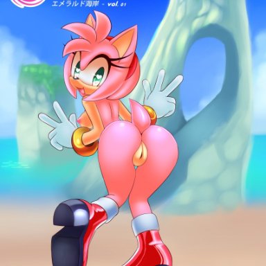sonic (series), sonic adventure, amy rose, sif (artist), 1girls, boots only, happy, heart-shaped pupils, heart eyes, looking at viewer, on one leg, pink fur, pink hair, solo, v sign