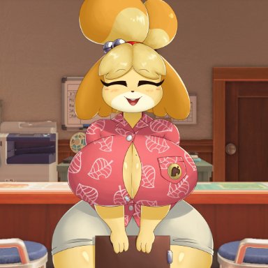 animal crossing, nintendo, isabelle (animal crossing), gammainks, anthro, big breasts, blush, breasts, canid, canine, canis, clipboard, closed eyes, clothed, clothing
