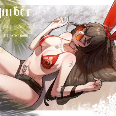 genshin impact, amber (genshin impact), hymin art, amber eyes, bikini top, brown hair, bunny ears, crotch tattoo, postcard, sunglasses, sunglasses on head, tattoos, unzipped pants, english text, text