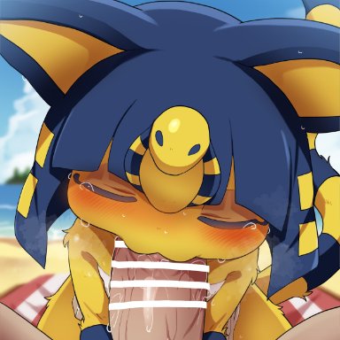 animal crossing, nintendo, ankha, ankha (animal crossing), dagasi, anthro, ass, beach, blush, bodily fluids, clothing, detailed background, domestic cat, felid, feline