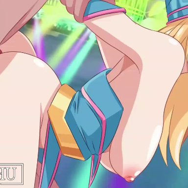 yu-gi-oh!, dark magician girl, maenchu, 1girl, 1girls, 3boys, anal, anal creampie, areolae, blonde hair, blush, bouncing breasts, breasts, choker, clothed sex