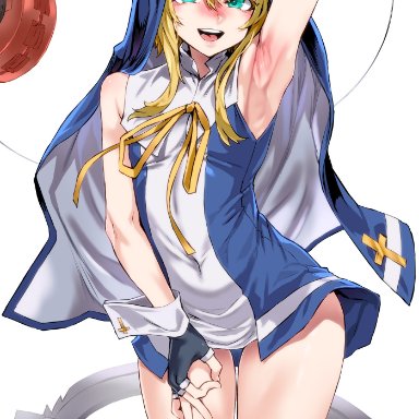 guilty gear, guilty gear strive, bridget, asanagi, 1boy, arm up, armpit, armpit crease, armpit fetish, armpits, arms up, blonde hair, flat chested, girly, knees