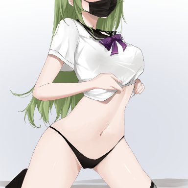 genshin impact, kuki shinobu, feintheart721, 1female, 1girls, alternate hairstyle, belly, belly button, black panties, blush, bow, cameltoe, clothed, clothes lift, clothing