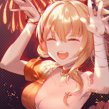 genshin impact, yoimiya (genshin impact), artist request, 1girls, bandage, blonde female, blonde hair, breasts, busty, cleavage, closed eyes, cute, female, fireworks, happy