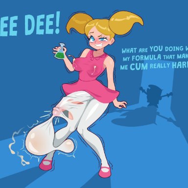 dexter's laboratory, background character, dee dee (dexter's laboratory), dexter, purplehorn (artist), 1boy, 1futa, balls, blonde hair, breasts, clenched teeth, clothed, clothing, condom, condom filling