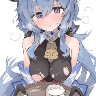 genshin impact, ganyu (genshin impact), mikozin, 1female, 1girls, bare shoulders, bell, bell collar, black gloves, blue eyes, blue hair, blush, breasts, collar, cow bell