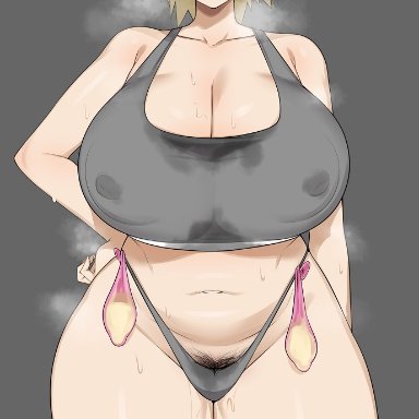 my hero academia, mitsuki bakugou, cham22, 1girls, areola, areolae, areolae visible through clothing, bare shoulders, belly, belly button, big breasts, blonde female, blonde hair, blush, blushing