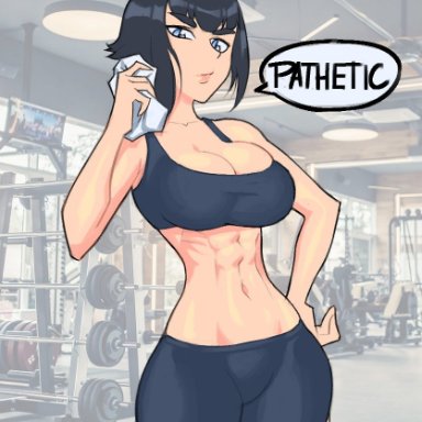 kill la kill, kiryuuin satsuki, patosky, abs, belly, belly button, big breasts, black hair, blue eyes, breasts, child bearing hips, condescending, dark hair, fit, fit female