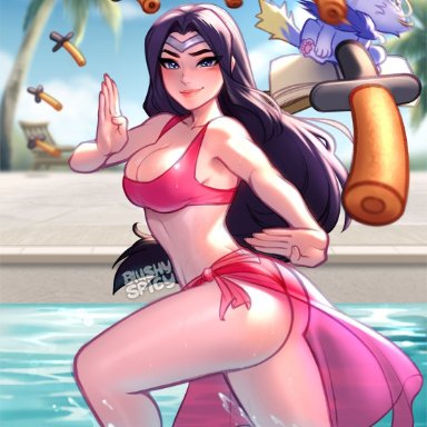 league of legends, pool party series, irelia xan, yuumi (lol), blushypixy, ass, bareback, bikini, bra, breasts, butt, legs, looking at viewer, midriff, panties