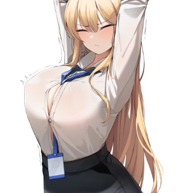 original, ddangbi, 1girls, arms up, between breasts, blonde, blonde hair, blush, breasts, bursting breasts, bust, busty, cleavage, closed eyes, clothed