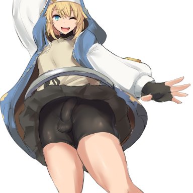 guilty gear, guilty gear strive, bridget, ubanis, 1boy, arm up, bike shorts, black gloves, black shorts, black skirt, blonde hair, blue eyes, bulge, clothes lift, covered penis