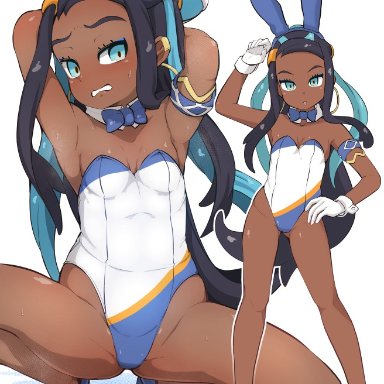 nintendo, pokemon, pokemon ss, garoudo (kadouhan'i), nessa (pokemon), armband, black hair, blue eyes, blue high heels, blue highlights, breasts, bunny ears, dark-skinned female, detached collar, earrings