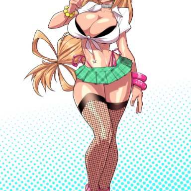 my hero academia, tsuyu asui, cherrymousestreet, 1girls, belly piercing, big breasts, bimbo, bimbofication, blonde female, blonde hair, collar, fishnets, front view, full body, heels