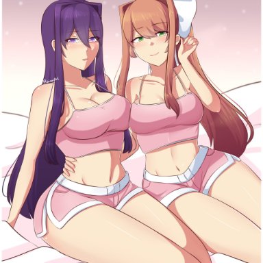 doki doki literature club, yuri (doki doki literature club), raionart, 2girls, big breasts, blush, breasts, duo, emotionless, eye contact, female, female only, green eyes, long hair, looking at viewer