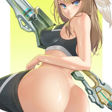 xenoblade chronicles (series), xenoblade chronicles 3, eunie (xenoblade), mandytsune, 1girls, ass, bangs, blue eyes, bra, breasts, dat ass, female, female only, head wings, holding