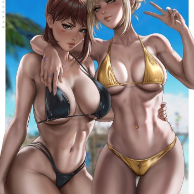 my hero academia, himiko toga, ochako uraraka, dandon fuga, 2girls, abs, bandage, bandages, bangs, bare arms, bare skin, beach, big breasts, bikini, bikini bottom