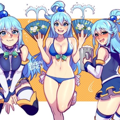 aqua (konosuba), blushypixy, blushyspicy, 1girls, alternate costume, ass, bare ass, bare midriff, beer, beer mug, big ass, big breasts, big butt, bikini, bikini bottom