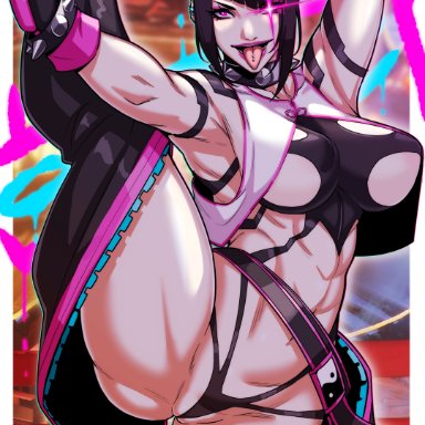 street fighter, street fighter 6, juri han, alecto 0, 1girls, abs, armpits, arms behind head, arms up, belly, belly button, big breasts, black hair, bracelet, bracelets