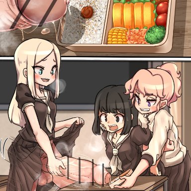 original, bento, lemon snail, 1futa, 2girls, bandages, black eyes, black hair, black shirt, black skirt, blonde hair, blue eyes, bottomless, breasts, bulge