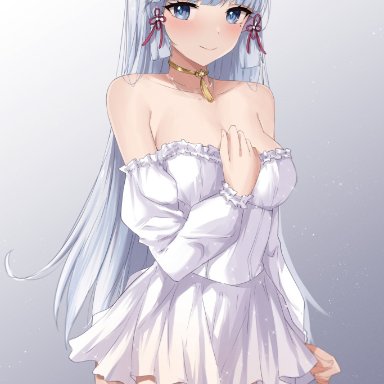 genshin impact, kamisato ayaka, feintheart721, bangs, big breasts, blue eyes, blush, blushing, breasts, choker, collar, dress, jewelry, large breasts, long hair