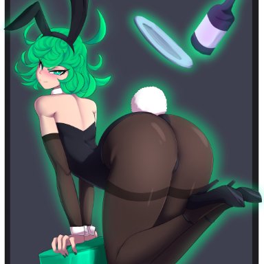 one-punch man, tatsumaki, tippydoodles, 1girls, ass, bare shoulders, bent over, big ass, big butt, blush, bottle, bunny ears, bunny tail, bunnysuit, clothed