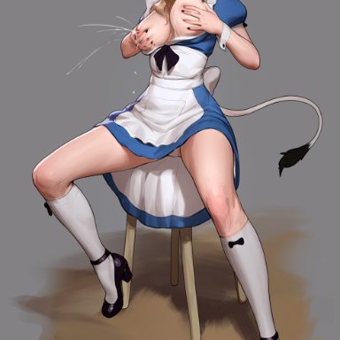 alice in wonderland, alice in wonderland (disney), alice (disney), alice (wonderland), tarakanovich, 1girls, blonde female, blonde hair, breast grab, breasts, breasts out, closed eyes, cow ears, cow girl, cow tail