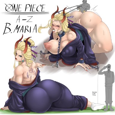 one piece, black maria (one piece), sunnysundown, 1boy, 1girls, areolae, ass, breasts, erect nipples, female, femsub, from behind, huge ass, huge breasts, larger female