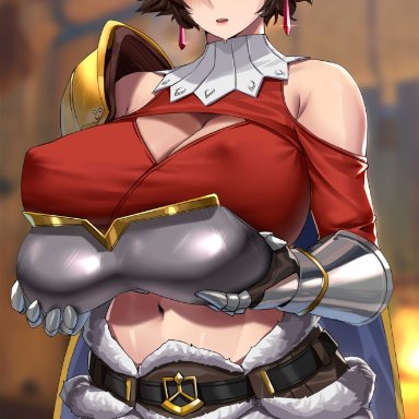 monster hunter, monster hunter rise, fiorayne, enmanuelart20, 1female, armor, bare shoulders, belly, belly button, belt, big breasts, blush, blushing, breastplate, breasts