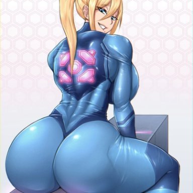 metroid, samus aran, zero suit samus, vicsenpai, 1girls, ass, big ass, big breasts, big butt, biting lip, blonde female, blonde hair, blue eyes, bodysuit, bottom heavy