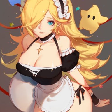 mario (series), nintendo, luma, princess rosalina, kyomon, apron, blonde female, blonde hair, blue eyes, breasts, choker, crown, earrings, female, frilled choker