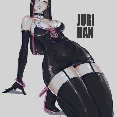 street fighter, street fighter 6, juri han, kumanzart, belly button, big breasts, black hair, bracelet, bracelets, breasts, choker, collar, crazy, dark hair, earring