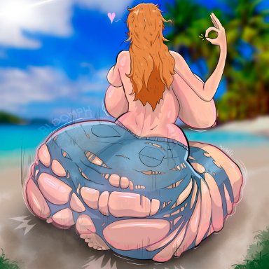 one piece, nami, stinkycokie, ass, ass expansion, back view, beach, big ass, big breasts, bottom heavy, breast expansion, expansion, growth, huge ass, huge breasts