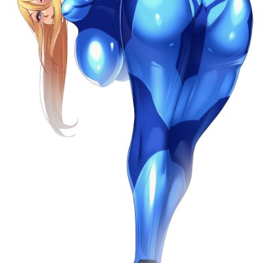 metroid, nintendo, samus aran, volyz, 1girls, ass, ass focus, big ass, big breasts, blonde hair, blue bodysuit, blue eyes, blush, bodysuit, breasts