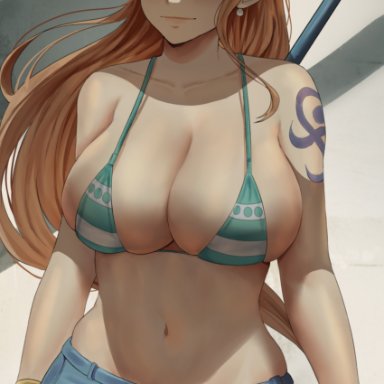 one piece, shounen jump, nami, shexyo, 1girls, barefoot, big breasts, bikini top, bikini top only, breasts, brown eyes, clothed, exposed midriff, exposed navel, feet out of frame