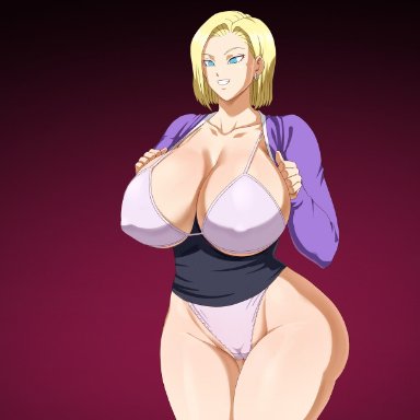 dragon ball, android 18, pinkpawg, 1girls, blonde, blonde female, blonde hair, blue eyes, cameltoe, cleavage, curvy, erect nipples, female, huge areolae, huge ass