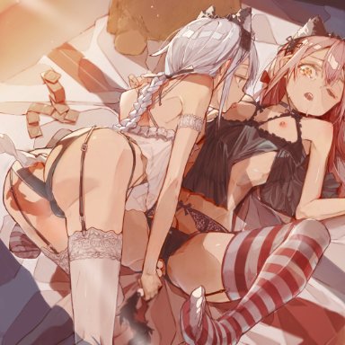 original, 2boys, anal, anal beads, anal object insertion, animal ears, bare shoulders, bed, bed sheet, black bow, black panties, blush, bow, braid, braided ponytail