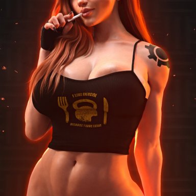 blizzard entertainment, overwatch, brigitte, ravelent, areolae, big breasts, bottomless, cleavage, lollipop, pussy, red hair, shaved pussy, tank top, tattoo, vagina