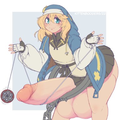 guilty gear, guilty gear strive, bridget, kittenboogers, 1boy, balls, big balls, big penis, big testicles, blonde hair, blue eyes, blush, femboy, fingerless gloves, gloves