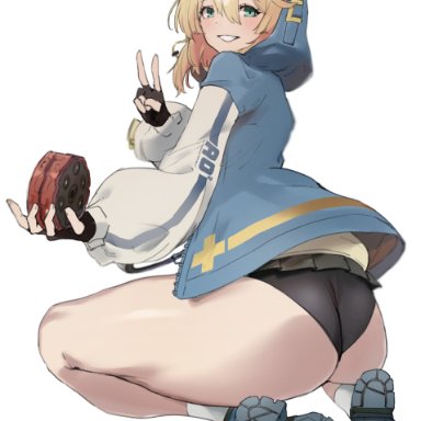 guilty gear, guilty gear strive, bridget, kataku musou, 1boy, androgynous, big ass, big butt, blonde hair, blue eyes, eye contact, fingernails, gloves, long hair, looking at viewer