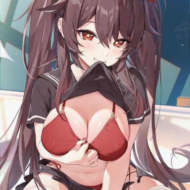 genshin impact, hu tao (genshin impact), houk1se1, houkiboshi (mmjw7432), 1girls, alternate breast size, bikini, bikini under clothes, breasts, brown hair, classroom, female, female only, hips, huge breasts