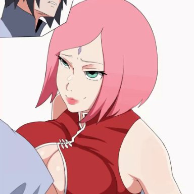 boruto: naruto next generations, naruto, sakura haruno, sasuke uchiha, delalicious3, evilaudio, hannya san, 1boy, 1girls, alternate breast size, boobjob, green eyes, mature, mature female, mature woman