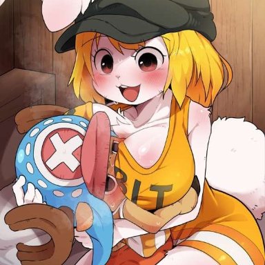 one piece, shounen jump, carrot (one piece), tony tony chopper, dagasi, big breasts, blonde hair, blush, breasts, brown fur, brown hair, bunny ears, bunny girl, bunny tail, clothed