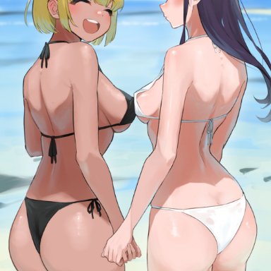 komi-san wa komyushou desu, komi shouko, manbagi rumiko, takita, 2girls, asian, asian female, ass, bikini, black hair, blonde hair, blush, breasts, bubble ass, bubble butt