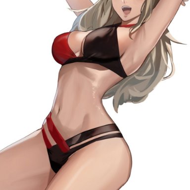 persona, persona 5, ann takamaki, armpits, bare arms, bare legs, bare midriff, bare shoulders, belly button, bikini, blonde female, blonde hair, blue eyes, breasts, female